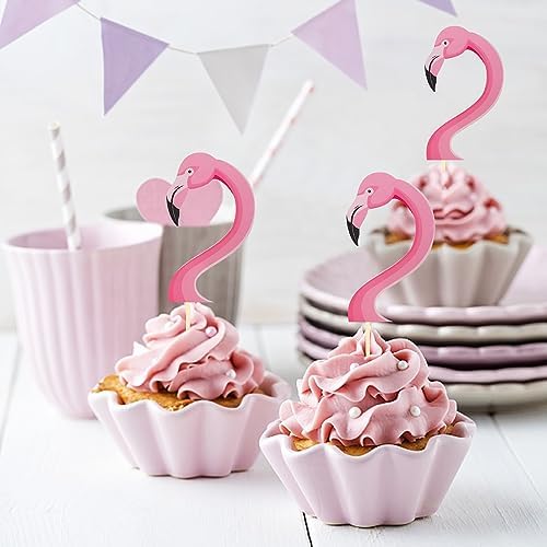 24Pcs Flamingo Cupcake Toppers, Tropical Aloha Cake Decorations for Luau Hawaiian Theme Baby Shower Birthday Party Supplies