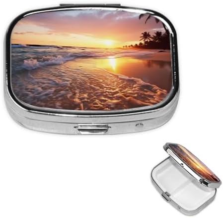 Square Round Pill Case Tropical Beach Sunset Pill Box Daily 2 Compartment Travel Pill Container for Pocket Purse Portable Medicine Cod Liver Oil Storage Box 2 Times a Day Pill Organizer