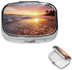 Square Round Pill Case Tropical Beach Sunset Pill Box Daily 2 Compartment Travel Pill Container for Pocket Purse Portable Medicine Cod Liver Oil Storage Box 2 Times a Day Pill Organizer