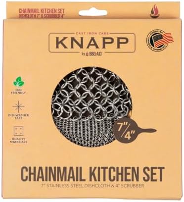 Knapp Made Cast Iron Chainmail Scrubber Kitchen Set - 4" and 7" Sizes. Premium Stainless Steel Cleaner for Your Finest Pots, Pans, and Kitchenware