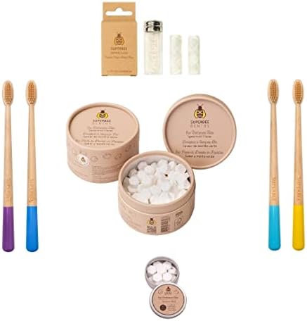 SuperBee Family kit with Dentos Toothpaste Tablets 300 tabs, Natural Floss, Soft Bristles Bamboo toothbrushes - Fluoride Free & Eco Friendly, Housewarming Gift Christmas Plastic Free