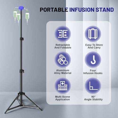 Portable Iv Pole, Foldable IV Pole Stand 27 to 83" Adjustable Height Pole with 4 Hook & Drip Bag Stand, Collapsible Iv Pole for Travel