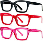 DXYXYO Reading Glasses Women 1.5 Blue Light Blocking, Oprah Style Square Oversized Computer Readers 3 Pack Retro Fashion, Pink+red+black