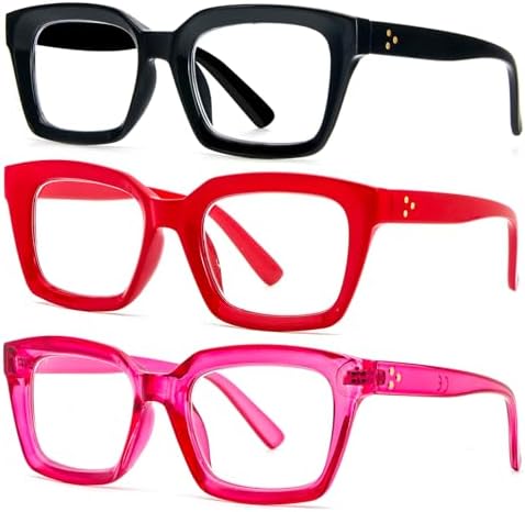DXYXYO Reading Glasses Women 1.5 Blue Light Blocking, Oprah Style Square Oversized Computer Readers 3 Pack Retro Fashion, Pink+red+black