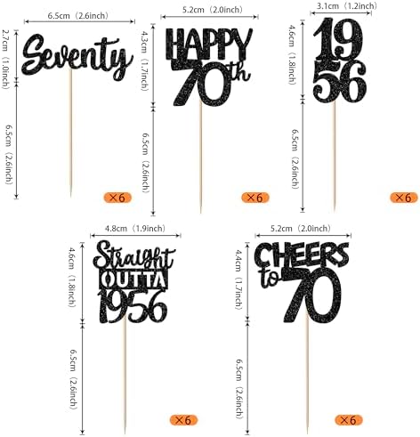30PCS Black 70th Birthday Cupcake Toppers Glitter Seventy Happy 70th Straight Outta 1956 Cupcake Picks for Cheers to 70 Years Birthday Anniversary Retirement Party Cake Decorations Supplies