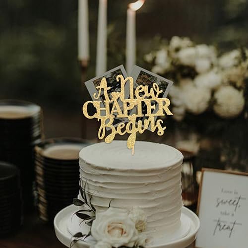 A New Chapter Begins Cake Topper - Book Themed Bridal Shower Baby Shower Party Decorations,Reading Themed Graduation Party Gold Glitter Decoration