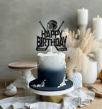 Hockey Happy Birthday Cake Topper, Ice Hockey Player Lover Fans Birthday Decorations, Winter Sports Birth Day Party Decoration Supplies, Sports Themed Party Decor Black Glitter