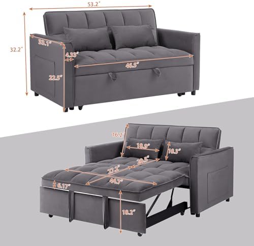 53" Sleeper Sofa, 3 in 1 Convertible Sofa Bed & Pull Out Couch, Modern Velvet Loveseat with Adjustable Backrest, Side Storage Pocket & 2 Pillows for Apartment Living Room, Grey