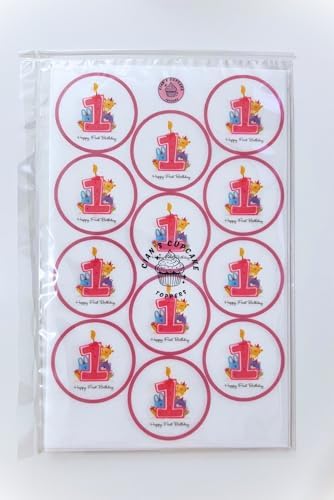 1st Birthday Girl Cake Decorations, Pink Edible Cupcake Toppers, Happy Birthday Cake Toppers, Girls Cupcake Decorations, 24 x 1.5 Inch / 4cm Wafer Card Discs UNCUT