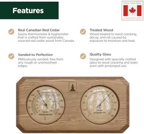Northwood Sauna - Sauna Thermometer and Hygrometer 2 in 1 - Fahrenheit & Celsius - Handmade from Canadian Red Cedar Wood - Luxurious Golden Metal Dials