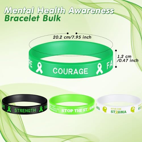 Leyndo Bulk Mental Health Awareness Bracelet Green Awareness Ribbon Silicone Bracelets with Inspirational Saying Disease Wristbands Hope Strength Faith Courage