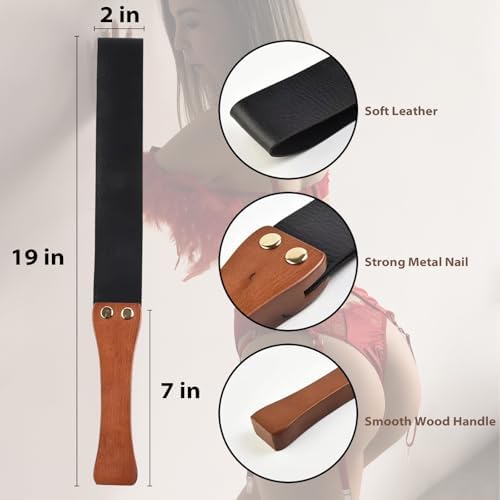 BDSM PU Leather Paddle Whip for Couples – Spanking Paddle with Wooden Handle – Adult Sex Toy for Roleplay, Discipline, Erotic Fun, and Bondage Play
