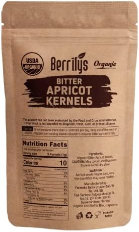 Berrilys Organic Bitter Apricot Kernels - USDA Certified Organic Bitter Apricot Seeds - Natural & Non-GMO, Premium Quality Kernals, No Sulfur or Additives - 16 oz