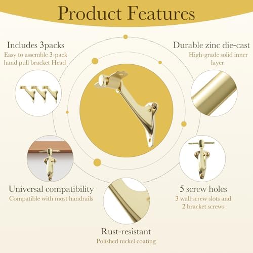 3" Stair Handrail Bracket, 3 Pack Hand Rail Brackets for Stairs Light-Duty, Stair Railing Bracket, Banister Brackets for Indoor Stairs with Screws, Bright Brass Finish, HOME MASTER HARDWARE