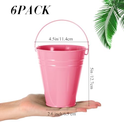 Sadnyy 6 Pack Pastel Pink Small Metal Galvanized Bucket with Handle 5" Pink Mini Easter Metal Buckets and Pails Spring Party Candy Container Table Centerpiece for Flower Planting Vase