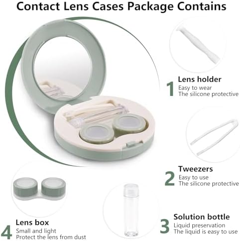 2 Pack Travel Contact Lens Case Kit, Portable Eye Contact Case with Mirror, Remover Tool, Tweezers & Solution Bottle, Lens Holder Box Container Storage for Outdoor Daily (Round, Green)