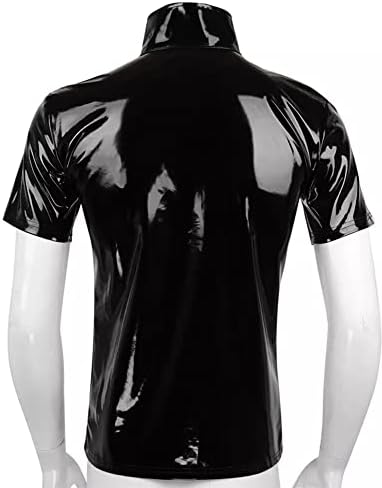 Men's Shiny Metallic Jacket Front Zipper PVC Leather Jacket Slim Fit T-Shirt for Nightout Club