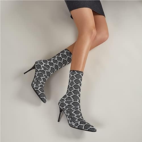 Jeesay Women's Sexy Pointed Toe Sock Ankle Boots Stiletto High Heels Mid Calf Booties Stretch Knit Shoes Warm…