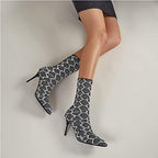Jeesay Women's Sexy Pointed Toe Sock Ankle Boots Stiletto High Heels Mid Calf Booties Stretch Knit Shoes Warm…