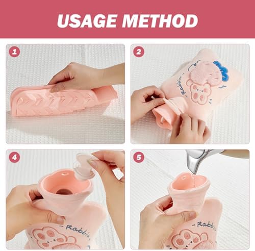 Hot Water Bottle with Plush Cover 2 Sets 500ml Thermal Leakproof Hot Water Bag Breathable Soft Cute Cartoon Mini Bottle, Bag, with Cover, M