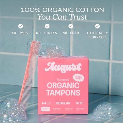 August Regular Tampons - 24-Pack 100% Organic Cotton Tampons for Women and Anyone Who Menstruates, Non-Toxic, Fragrance-Free, and Hypoallergenic with Long Applicators