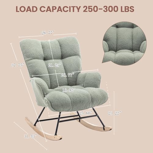 SAETSFEG Rocking Chair Nursery Teddy Upholstered Glider Rocker Rocking Accent Chair Padded Seat with High Backrest Armchair Comfy Side Chair for Living Room Bedroom Offices (Mint Green Teddy)