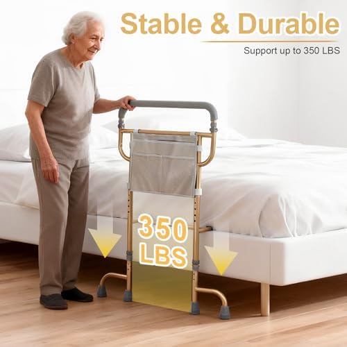 Bed Rails for Elderly Adults Safety - Adjustable Bed Assist Rails for Seniors with Non-Slip Ergonomic Handle & Storage Pocket, Bed Cane with 360° Swivel Dual Feet Supports Up to 350 LBS, Easy Assembly