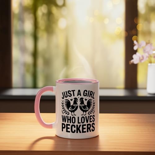 Just a Girl Who Loves Peckers Chicken Ceramic Mug, Pink/White