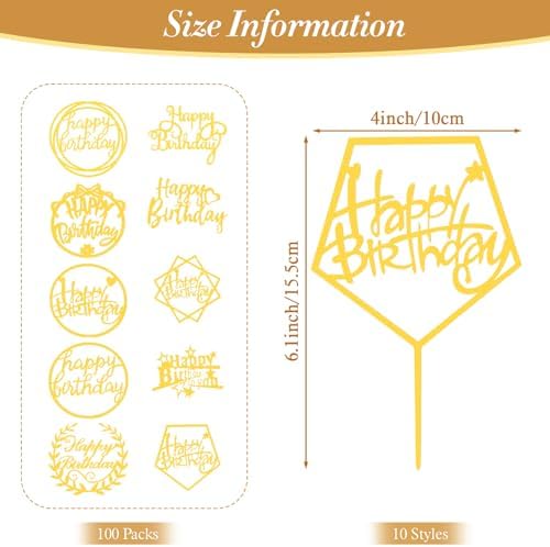 100 Pcs Gold Acrylic Happy Birthday Cake Toppers, Double Sided Party Decorations for Cakes Cupcakes, Adults Events Party Supplies