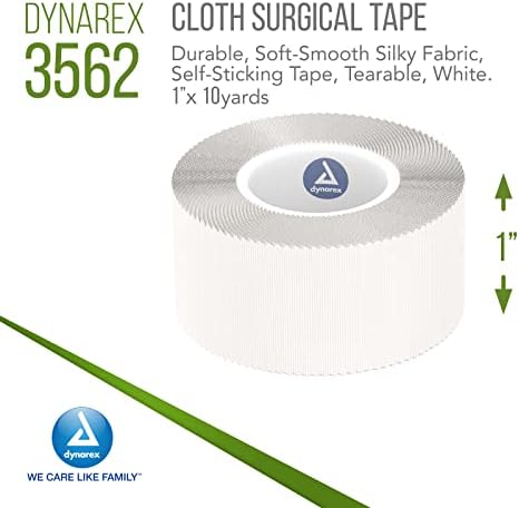 Dynarex Cloth Surgical Tape, Durable, Soft-Smooth Silky Fabric, Latex-Free, Self-Sticking Tape, Tearable, Secure Adhesion, White, 1” x 10 yds, 1 Box of 12 Rolls