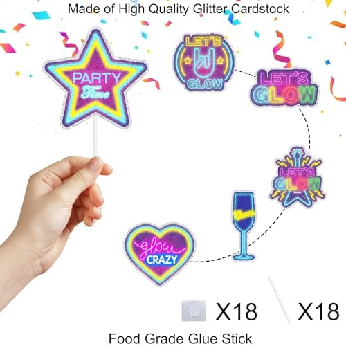 18-piece neon cupcake toppers set Let's Glow Hip Hop Happy Birthday decorations for boys and girls themed birthday parties, kids neon theme parties, and glow crazy themed party decorations. SugarGera