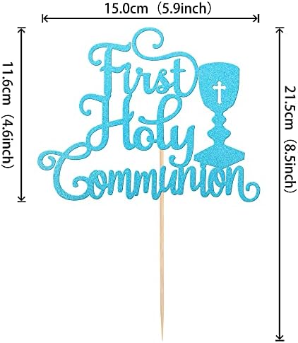 1 PCS First Holy Communion Cake Topper Glitter God Bless and Cross Cake Pick Baby Baptism Cake Decoration for First Communion Theme Baby Shower Birthday Party Decorations Supplies Blue