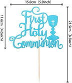 1 PCS First Holy Communion Cake Topper Glitter God Bless and Cross Cake Pick Baby Baptism Cake Decoration for First Communion Theme Baby Shower Birthday Party Decorations Supplies Blue