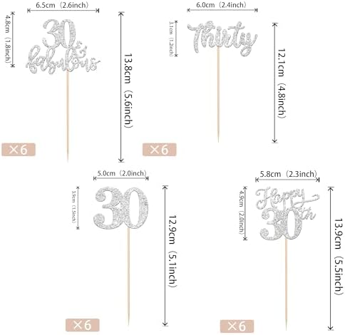 Rsstarxi 24 Pack Happy 30th Birthday Cupcake Toppers Glitter Thirty 30 Fabulous Cupcake Food Picks for 30th Birthday Wedding Anniversary Party Cake Decorations Silver