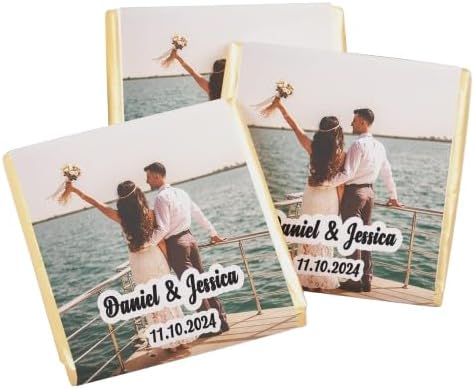 Set of 50 Personalized Wedding Chocolate – Custom Chocolate Favors for Guests – Bulk Wedding Gift with Photo, Name & Date – Elegant Party Favors for Bride & Groom
