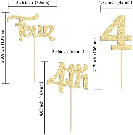 24Pcs 4th Birthday Cupcake Toppers Glitter Fourth Birthday Two Cupcake Picks for Baby Shower 4th Birthday Anniversary Party Cake Decorations Supplies Gold