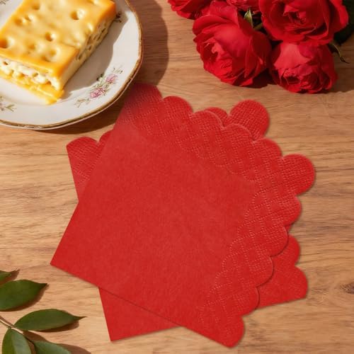 120 Pcs Red Scalloped Cocktail Napkins,2-Ply Red Disposable Beverage Party Napkins for Dinner Wedding Birthday Baby Shower