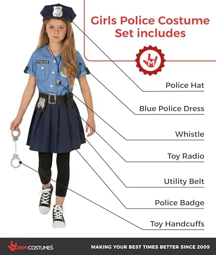 Morph Police Officer Costume For Girls, Cop Costume For Girls, Girl Police Officer Costumes Blue, Kids Halloween Costumes