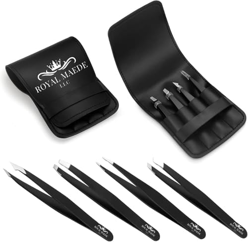 Royal Maede Tweezers Set – Precision Stainless Steel Tweezer Kit for Eyebrows, Ingrown Hair, Splinters & Facial Hair Removal – Professional-Grade, Slant & Pointed Tips for Women & Men