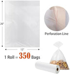12" x 20" Clear Plastic Produce Bag on a Roll, Food Storage Bags for Vegetables, Bread, Fruits and Meat, Easy To Tear, Continuous Roll- 350 Bags/Roll - [1 Rolls]