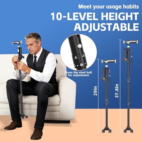 Hold 440 lbs Walking Cane for Seniors Aluminum Alloy Lightweight Height Adjustable Walking Stick Heavy Duty Foldbale Free Standing Cane with LED for Men and Women Adults