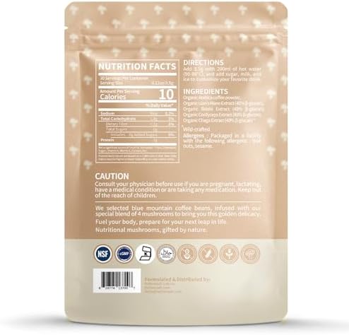 Hellomush Organic Instant Mushroom Coffee with Lions Mane, Reishi, Chaga and Cordyceps Coffee 30 Servings 3.7 oz