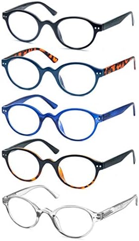 Round Reading Glasses for Women Men Classic Circular Readers +2.50 Stylish Lightweight Cheaters Glasses Spring Hinges 5 Pack