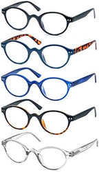 Round Reading Glasses for Women Men Classic Circular Readers +1.50 Stylish Lightweight Cheaters Glasses Spring Hinges 5 Pack