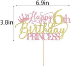 Princess 6th Birthday Cake Topper - Happy 6th Birthday Cake Supplies for Girl - Girl six Years Old Party Decorations - Pink & Gold Glitter