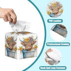 Highland Cow Garland Tissue Box Cover Square,Leather Tissue Holder with Bottom Belt,Waterproof Facial Paper Organizer Tissue Box Cover for Home Office Bathroom Vanity Countertop,5.2" x 5.2" x 5.2"
