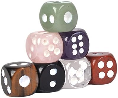 Dice 7 Chakras Colors Natural Gemstone Crystal 15mm Amethyst + Tiger Eye + Obsidian + Clear Quartz + Rose Quartz + Red Jasper + Aventurine (Pack of 7)