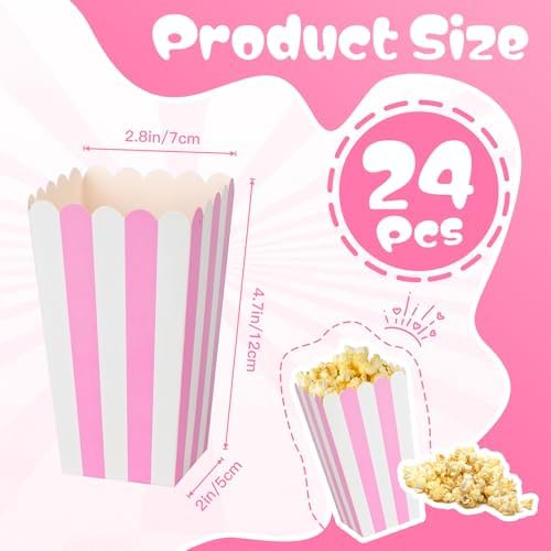 24 Pcs Paper Popcorn Boxes, Pink and White Striped - Mini Paper Popcorn and Candy Containers, Decorative Containers for Movie Nights, Party Favors, and Carnival Themed Events