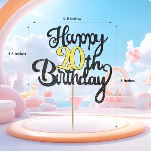 20th Happy Birthday Cake Topper, Glitter Happy 20th Birthday Cake Topper for Birthday Party Cake Decoration(Black with Gold)