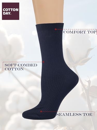 COTTON DAY Women's Combed Cotton Fine Ribbed Trouser Dress Socks Black White Navy Blue 3 Pack